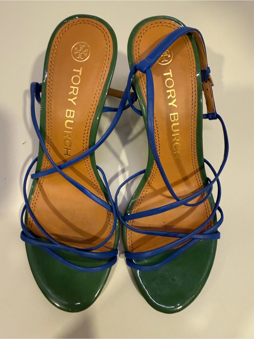 Tory Burch Green Patent Sandals with Blue Strappy Detail